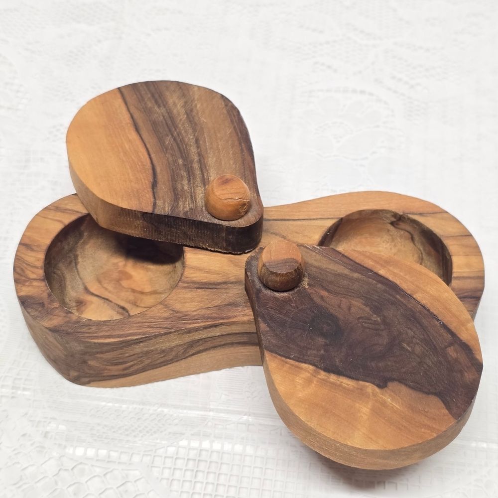 Handcrafted Olive Wood Dual Salt Pepper Double Swivel Lid Spice Cellar Cottage